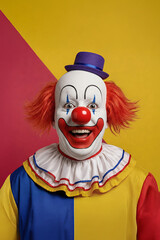 Cheerful clown with a red nose. Wallpaper or phone screensaver. Copy space. Generated by artificial intelligence