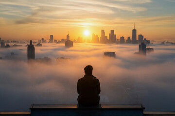 A brave man sits on the roof of a building, on the edge. Watching the sunrise. Sunset, from the height of the roofs of houses. Beautiful panorama from the roof. Created by AI
