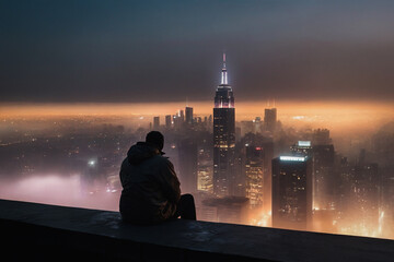 A brave man sits on the roof of a building, on the edge. Watching the sunrise. Sunset, from the height of the roofs of houses. Beautiful panorama from the roof. Created by AI