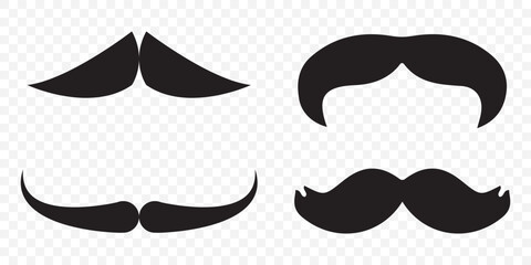 collection of mustache silhouettes in various styles. black mustache icon collection made in flat styles. set of 4 mustache on Transparent Background. EPS 10.
