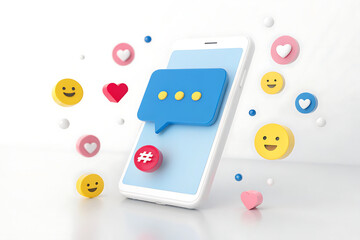Smartphone with blue speech bubble and emojis on a white background.  The phone is isolated, and the background is plain.  A perfect image for social media, communication, and technology themes.