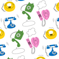 Vintage phone pattern. Retro rotary, push-button, and corded telephones with speech bubbles. Communication concept, old technology, minimalist design for greeting or contact template.