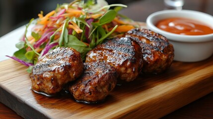 Delicious Grilled Meatballs Gourmet Food Dish Restaurant Meal Juicy Flavorful Sizzling Texture Appetizing Presentation Wooden Board Fresh Salad Side Dish Tasty Culinary Delights Savory Recipe Perfect 