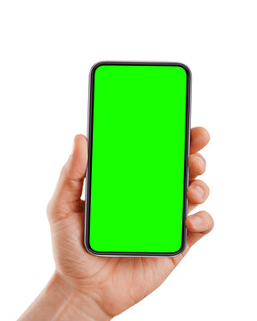 Male hand holding blank smart phone with a green screen isolated on transparent background, png file
