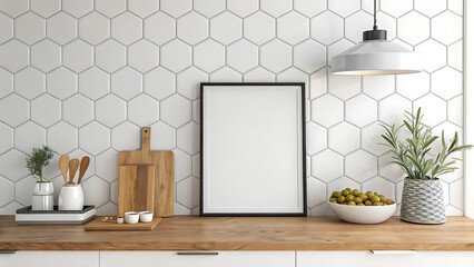 A serene kitchen interior features a framed blank art piece. The setting is completed with kitchenware items and decor