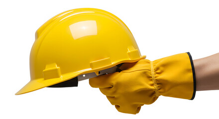 yellow construction helmet held by hand isolated on white background for worker safety. generative ai