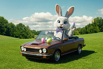 Easter bunny in a car, convertible, on a green lawn. Poster with copy space. Toy car with Easter eggs. Easter background. AI-generated