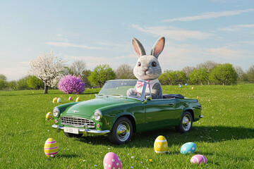Easter bunny in a car, convertible, on a green lawn. Poster with copy space. Toy car with Easter eggs. Easter background. AI-generated