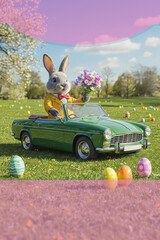 Easter bunny in a car, convertible, on a green lawn. Poster with copy space. Toy car with Easter eggs. Easter background. AI-generated