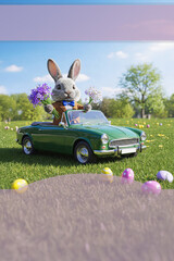 Easter bunny in a car, convertible, on a green lawn. Poster with copy space. Toy car with Easter eggs. Easter background. AI-generated