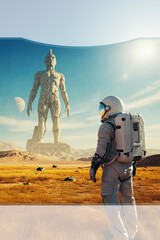 Astronaut standing on the surface of the planet looking at the statue. Surrealism. Background on the screen. Copy space. AI created