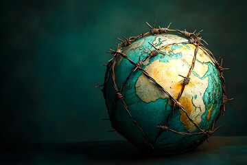 Earth wrapped in barbed wire, symbolizing global conflict, restriction, environmental issues, and social justice, set against a dark, moody background.
