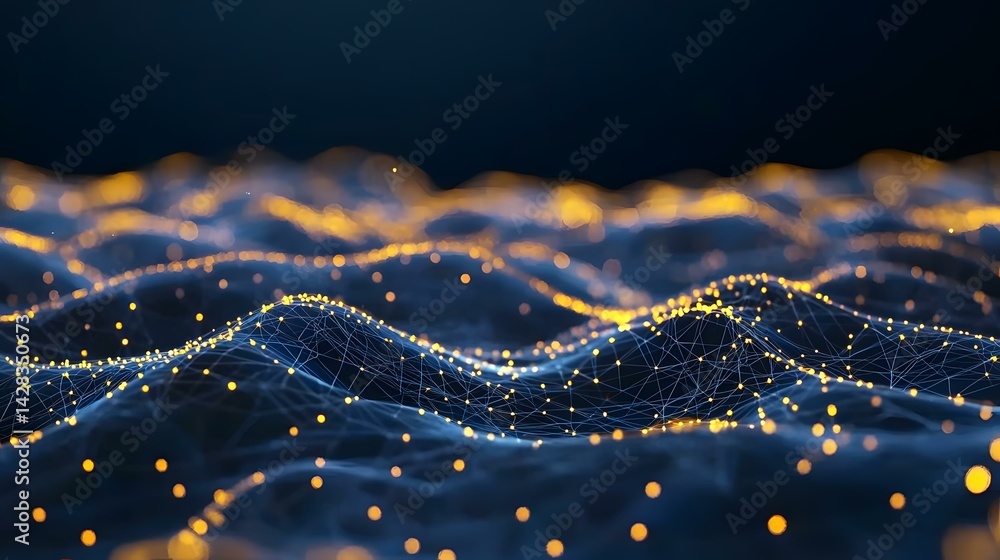 Poster the image shows a dark blue, undulating surface with a network of interconnected glowing golden node