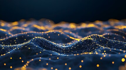 The image shows a dark blue, undulating surface with a network of interconnected glowing golden nodes.