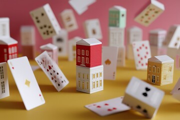 Creative stacking of playing cards and miniature houses on a colorful surface creates a whimsical atmosphere in a playful setting