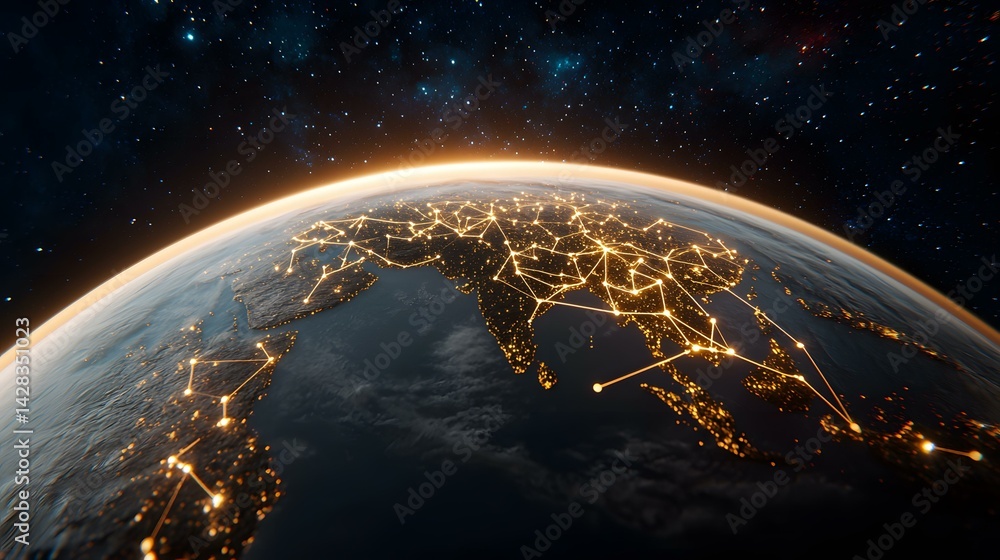 Poster a nighttime view of earth from space, showcasing a network of interconnected glowing lines represent