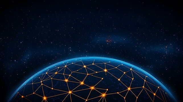 The image shows a stylized representation of the Earth with a network of interconnected nodes and lines overlayed, set against a backdrop of stars.A network of glowing orange lines connects nodes acr