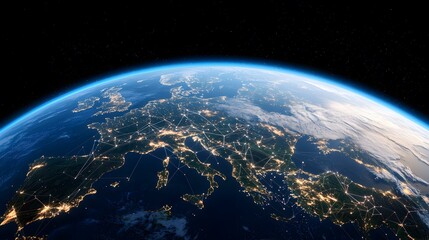 A nighttime view of Europe from space, showcasing city lights interconnected by a network of luminous lines, illustrating global communication and connectivity.