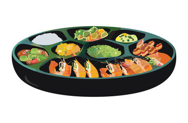 Set of Bento Grilled Shrimp and Dish - Vector Illustration