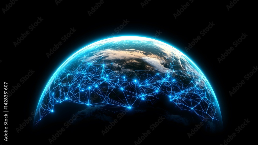 Poster the image shows a partially visible earth globe with a network of glowing blue lines connecting vari