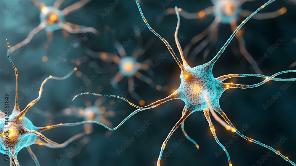 Poster the image shows a detailed microscopic view of several neurons, or nerve cells, interconnected and c