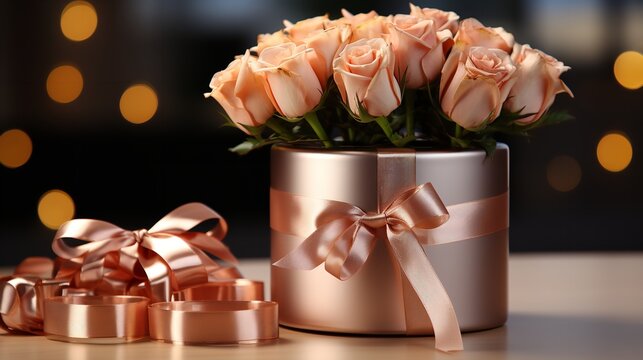 3D podium, display, background. Red, surprise, open gift box. Rose flower falling petals. Luxury cosmetic product presentating of Abstract, love