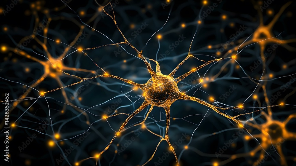 Poster the image shows a neuron, a nerve cell, with its branching dendrites and axon, highlighted in gold a