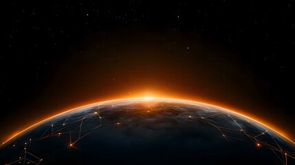 Obraz premium The image shows a stylized Earth from space at sunrise, with glowing orange lines connecting points on the surface, suggesting a global network or interconnectedness.A medium description sentence: G