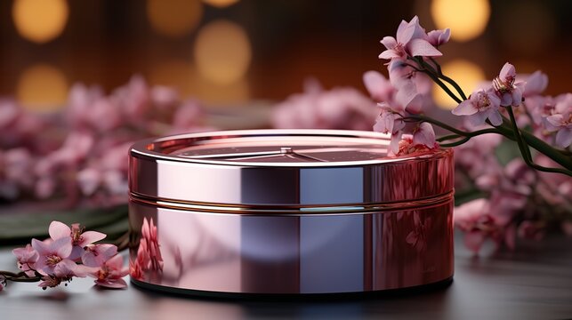 3D podium, display, background. Red, surprise, open gift box. Rose flower falling petals. Luxury cosmetic product presentating of Abstract, love