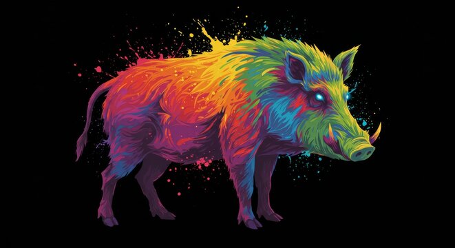 Vibrant wild boar silhouette erupting with a cascade of rainbow-colored paint spills