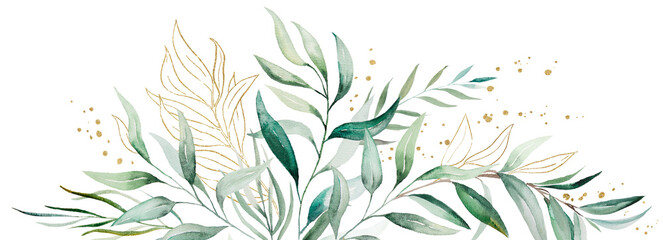 Border made with light green watercolor leaves, isolated wedding illustration, copy space