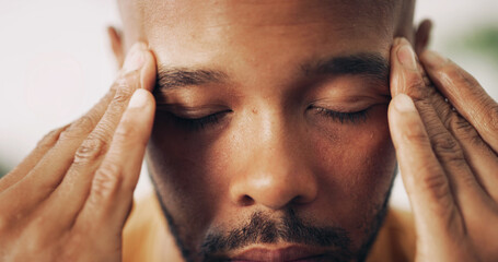 Man, face and headache in home with pressure, tension and stress for health crisis. African person,...