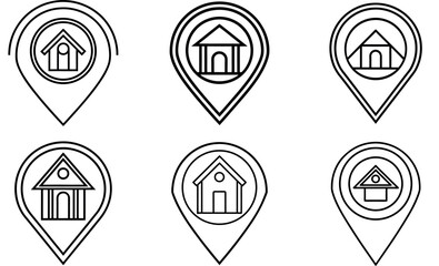 Location Pin with House Icons Set, Geometric Vector Collection