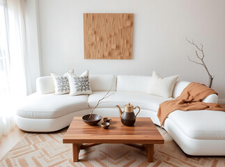 Modern living room with white sectional sofa, wooden coffee table, and minimalist decor