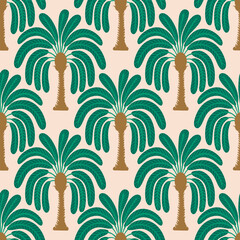 Seamless palm tree pattern featuring tropical botanical elements. This design is perfect for summer.