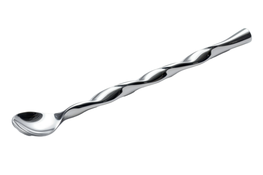 Long stainless steel spoon with twisted handle designed for cocktails shown on white background
