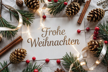 Frohe Weihnachten Schriftzug mit Zapfen Beeren und Lichtern