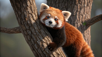 A cute red panda enjoys in a tree in its wild Asian habitat
