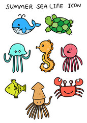 Naklejka premium 여름 바다 생물 라인드로잉 아이콘(summer sea life line drawing icon set)