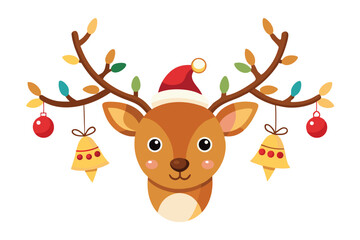 cute reindeer head isolated on white background. Funny Simple flat vector illustration Christmas reindeer in hat and garland with light bulbs.
