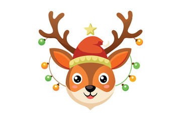 cute reindeer head isolated on white background. Funny Simple flat vector illustration Christmas reindeer in hat and garland with light bulbs.