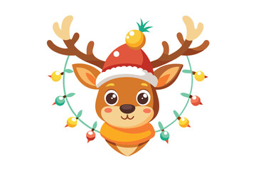 cute reindeer head isolated on white background. Funny Simple flat vector illustration Christmas reindeer in hat and garland with light bulbs.