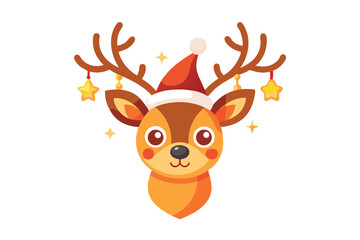 cute reindeer head isolated on white background. Funny Simple flat vector illustration Christmas reindeer in hat and garland with light bulbs.