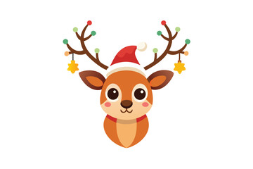 cute reindeer head isolated on white background. Funny Simple flat vector illustration Christmas reindeer in hat and garland with light bulbs.