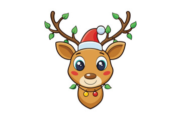 cute reindeer head isolated on white background. Funny Simple flat vector illustration Christmas reindeer in hat and garland with light bulbs.