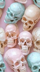 A bunch of skulls artistically arranged on a soft pink background for a unique visual style