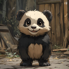 cute panda smiling in a playful pose against a rustic background  