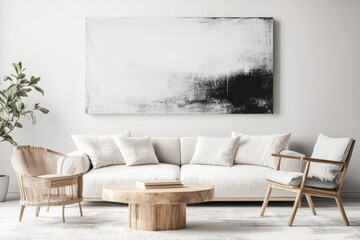 Modern, minimalist living room with abstract art