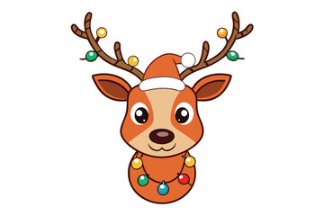 cute reindeer head isolated on white background. Funny Simple flat vector illustration Christmas reindeer in hat and garland with light bulbs.
