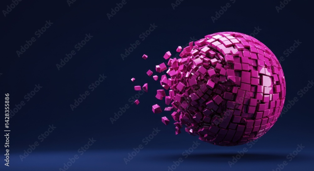 Poster abstract 3d rendering of a exploding magenta sphere composed of cubes against a dark blue background